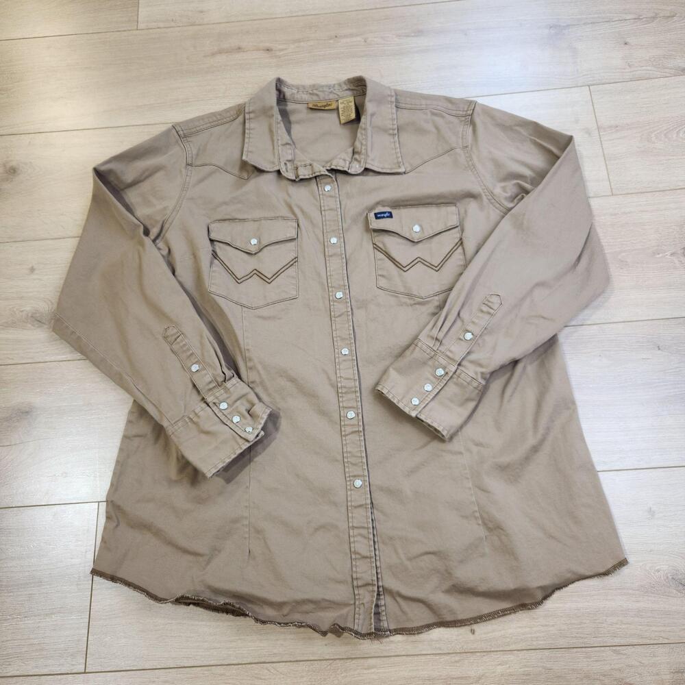 Wrangler Shirt Womens XXL Beige Western Solid Pearl Snap Long Sleeve Stretch